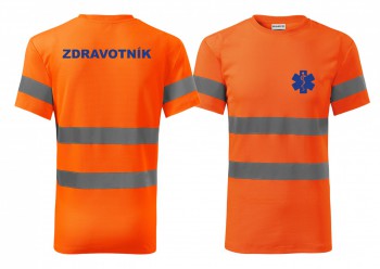 Kokardy.cz ® Reflexní tričko oranžová Zdravotník modrý potisk - S pánské