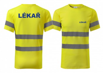 Kokardy.cz ® Reflexní tričko žlutá Lekář modrý potisk - M pánské