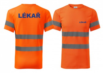 Kokardy.cz ® Reflexní tričko oranžová Lekář modrý potisk - S pánské